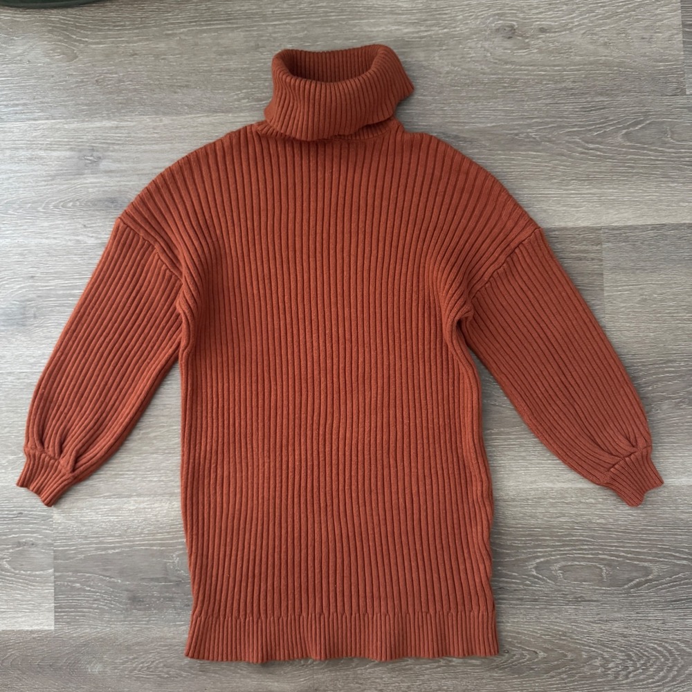 Unbranded Turtleneck Sweater Dress Women Large Rust Orange Ribbed Knit Lantern